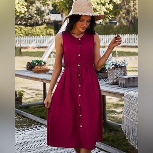 4) Casual Red Button Down Midi Dress with Tie Waist, L